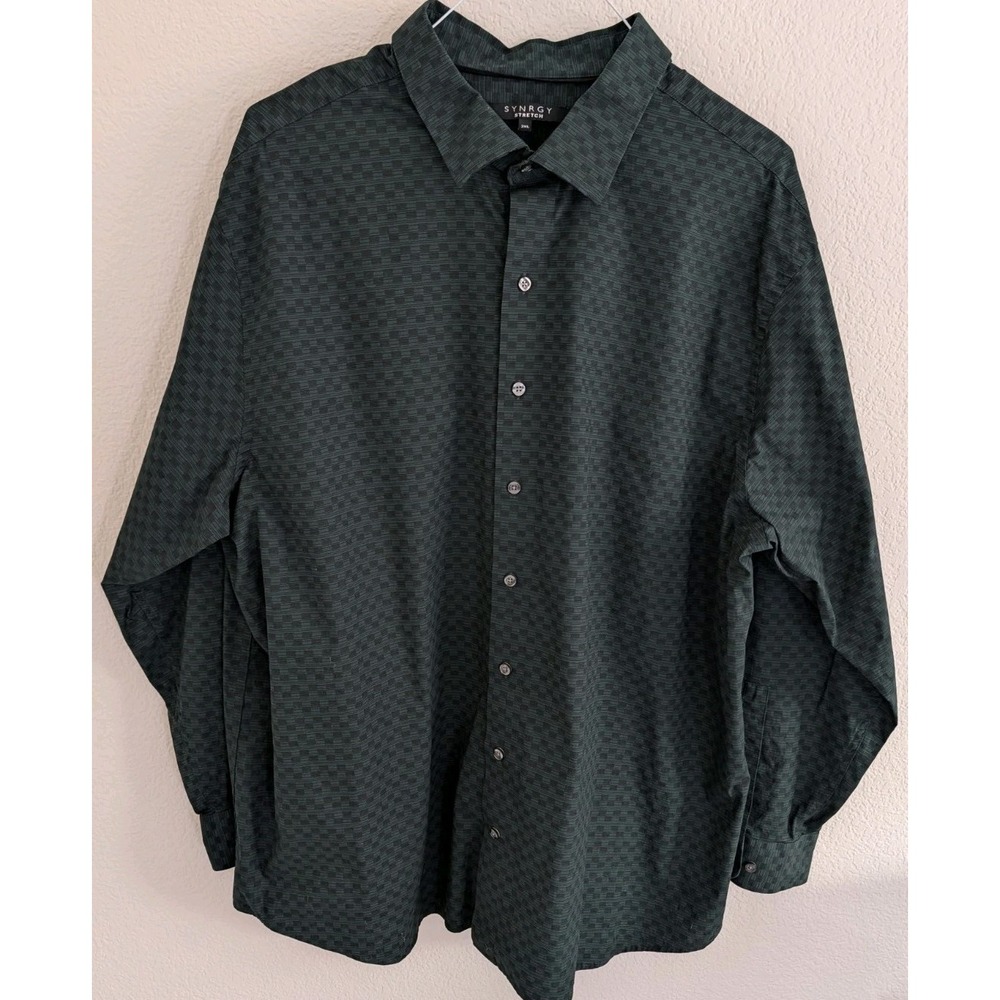 Synrgy Button Down Shirt Mens 2XL Green Black Stretch Geometric Long Sleeve Exc
